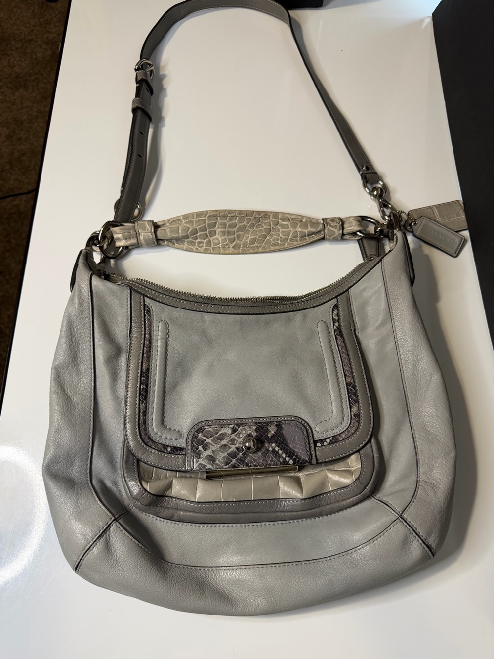 Coach Kristin Spectator Gray Leather Shoulder Bag with Animal Print Trim